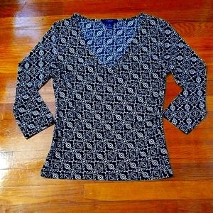 Chaps Black and White Design Draped Front 3/4 Sleeve Blouse